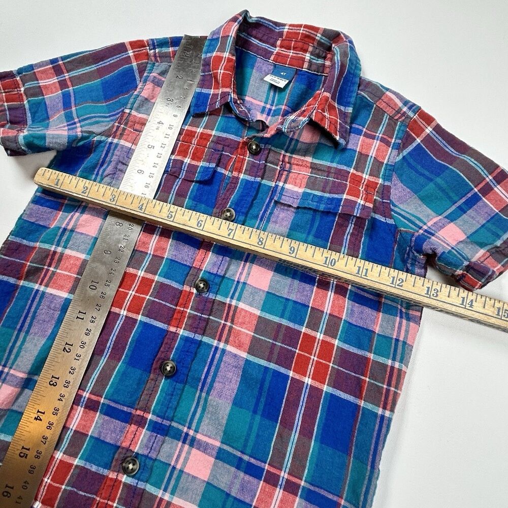 Old Navy Retro Shirt Short Sleeve Linen Cotton Plaid Red Blue Pockets Boys 4T - Picture 7 of 10